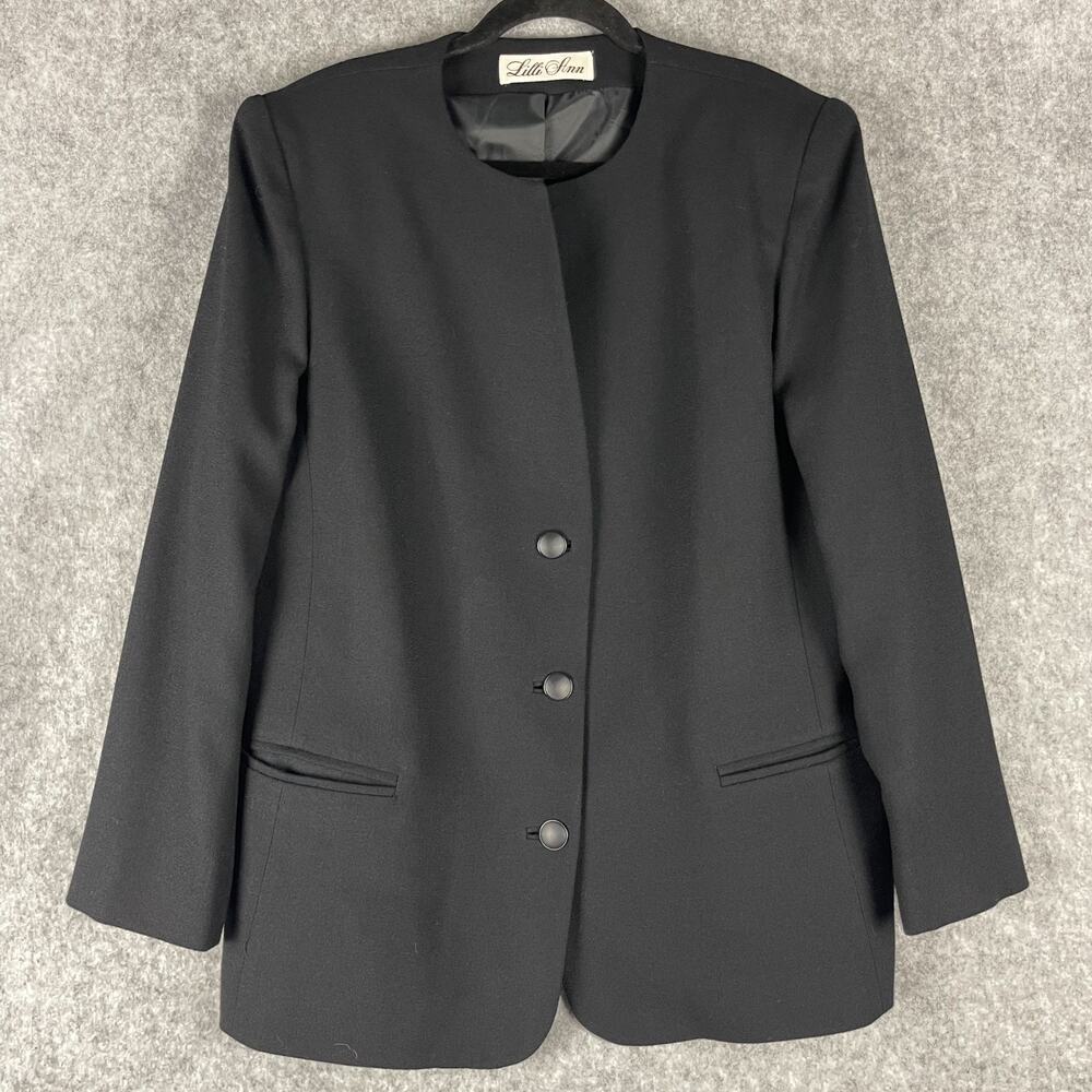Vintage Lilli Ann Long Blazer Jacket Womens Medium Black‎ Career Classic Minimal